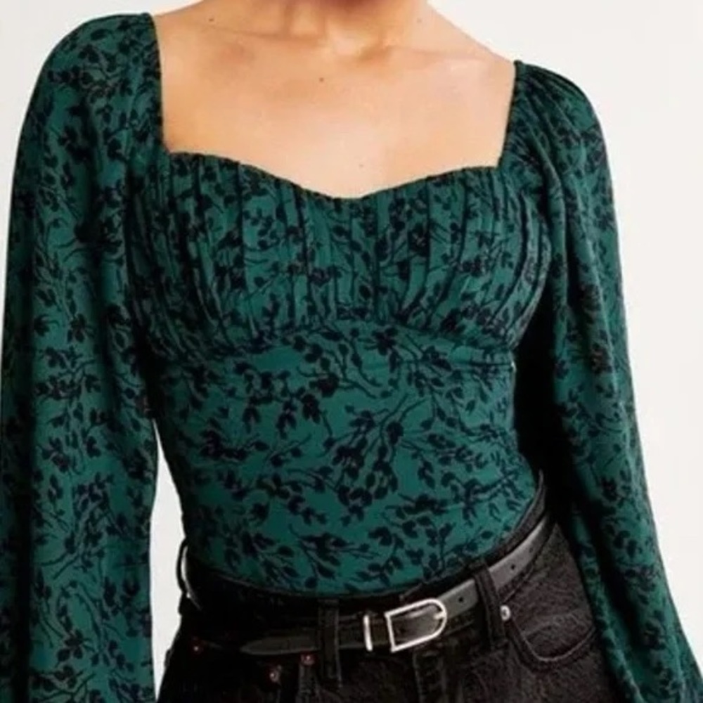 Abercrombie & Fitch Green and Black Floral Square-Neck Blouse